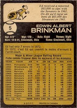 1973 O-Pee-Chee #5 Ed Brinkman Back