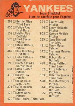 1973 O-Pee-Chee - Blue Team Checklists #NNO New York Yankees Back