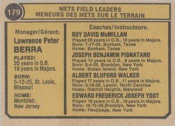1974 O-Pee-Chee #179 Mets Field Leaders (Yogi Berra / Rube Walker / Eddie Yost / Roy McMillan / Joe Pignatano) Back