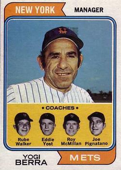 1974 O-Pee-Chee #179 Mets Field Leaders (Yogi Berra / Rube Walker / Eddie Yost / Roy McMillan / Joe Pignatano) Front