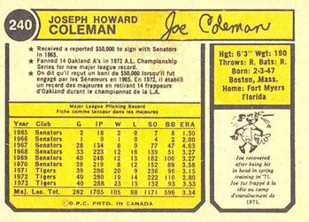 1974 O-Pee-Chee #240 Joe Coleman Back