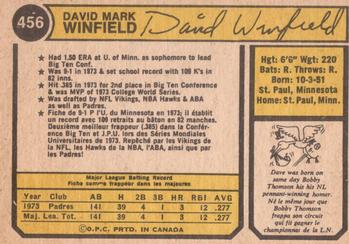 1974 O-Pee-Chee #456 Dave Winfield Back