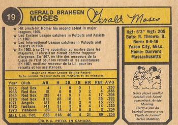 1974 O-Pee-Chee #19 Gerry Moses Back