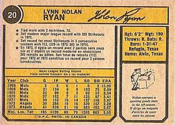 1974 O-Pee-Chee #20 Nolan Ryan Back