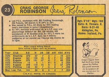 1974 O-Pee-Chee #23 Craig Robinson Back