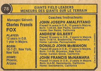 1974 O-Pee-Chee #78 Giants Field Leaders (Charlie Fox / John McNamara / Joe Amalfitano / Andy Gilbert / Don McMahon) Back