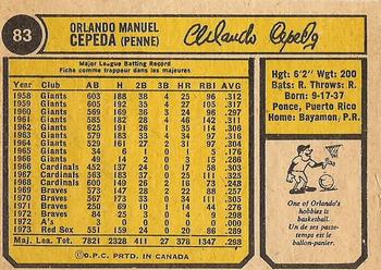 1974 O-Pee-Chee #83 Orlando Cepeda Back