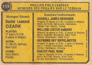 1974 O-Pee-Chee #119 Phillies Field Leaders (Danny Ozark / Ray Rippelmeyer / Bobby Wine / Carroll Beringer / Billy DeMars) Back