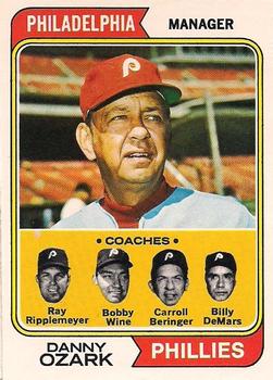 1974 O-Pee-Chee #119 Phillies Field Leaders (Danny Ozark / Ray Rippelmeyer / Bobby Wine / Carroll Beringer / Billy DeMars) Front