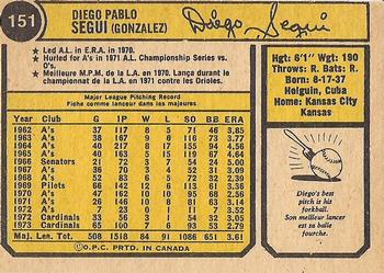 1974 O-Pee-Chee #151 Diego Segui Back