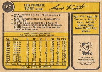 1974 O-Pee-Chee #167 Luis Tiant Back