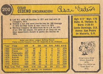 1974 O-Pee-Chee #200 Cesar Cedeno Back
