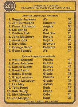 1974 O-Pee-Chee #202 1973 Home Run Leaders (Reggie Jackson / Willie Stargell) Back