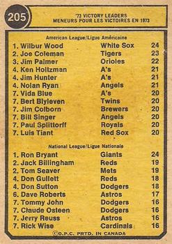 1974 O-Pee-Chee #205 1973 Victory Leaders (Wilbur Wood / Ron Bryant) Back
