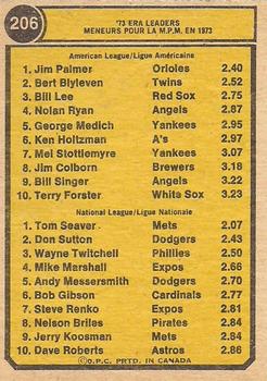 1974 O-Pee-Chee #206 1973 Earned Run Average Leaders (Jim Palmer / Tom Seaver) Back