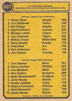 1974 O-Pee-Chee #207 1973 Strikeout Leaders (Nolan Ryan / Tom Seaver) Back