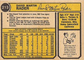 1974 O-Pee-Chee #213 Dave Rader Back