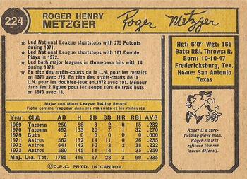 1974 O-Pee-Chee #224 Roger Metzger Back
