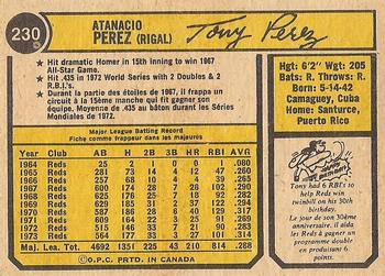 1974 O-Pee-Chee #230 Tony Perez Back