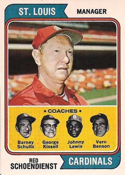 1974 O-Pee-Chee #236 Cardinals Field Leaders (Red Schoendienst / Barney Schultz / George Kissell / Johnny Lewis / Vern Benson) Front