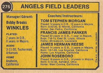 1974 O-Pee-Chee #276 Angels Field Leaders (Bobby Winkles / John Roseboro / Tom Morgan / Jimmie Reese / Salty Parker) Back