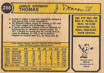 1974 O-Pee-Chee #288 Gorman Thomas Back