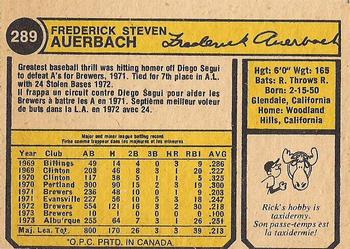 1974 O-Pee-Chee #289 Rick Auerbach Back