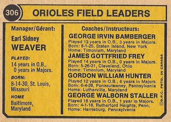 1974 O-Pee-Chee #306 Orioles Field Leaders (Earl Weaver / Jim Frey / George Bamberger / Billy Hunter / George Staller) Back
