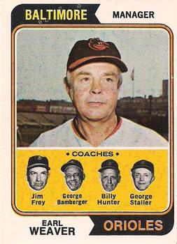 1974 O-Pee-Chee #306 Orioles Field Leaders (Earl Weaver / Jim Frey / George Bamberger / Billy Hunter / George Staller) Front