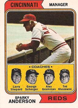 1974 O-Pee-Chee #326 Reds Field Leaders (Sparky Anderson / Larry Shepard / George Scherger / Alex Grammas / Ted Kluszewski) Front