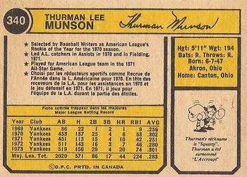 1974 O-Pee-Chee #340 Thurman Munson Back