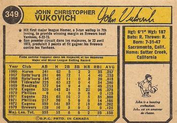 1974 O-Pee-Chee #349 John Vukovich Back
