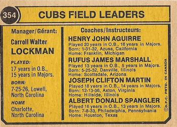 1974 O-Pee-Chee #354 Cubs Field Leaders (Whitey Lockman / J.C. Martin / Hank Aguirre / Al Spangler / Jim Marshall) Back