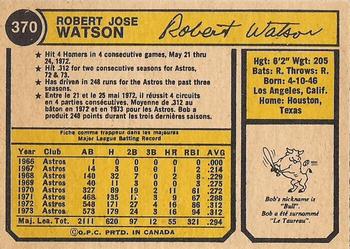 1974 O-Pee-Chee #370 Bob Watson Back