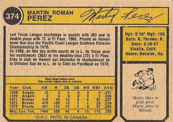 1974 O-Pee-Chee #374 Marty Perez Back