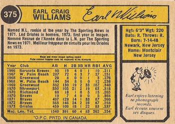 1974 O-Pee-Chee #375 Earl Williams Back