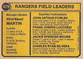 1974 O-Pee-Chee #379 Rangers Field Leaders (Billy Martin / Frank Lucchesi / Art Fowler / Charlie Silvera / Jackie Moore) Back