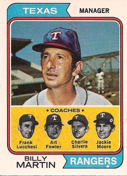1974 O-Pee-Chee #379 Rangers Field Leaders (Billy Martin / Frank Lucchesi / Art Fowler / Charlie Silvera / Jackie Moore) Front