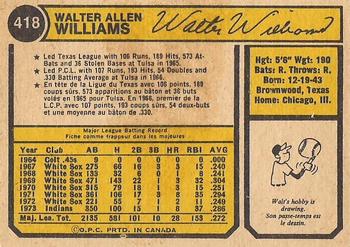 1974 O-Pee-Chee #418 Walt Williams Back