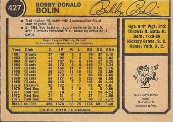 1974 O-Pee-Chee #427 Bobby Bolin Back