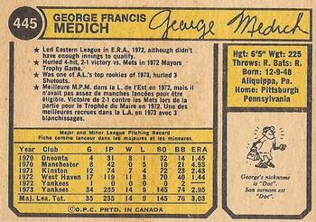 1974 O-Pee-Chee #445 George Medich Back
