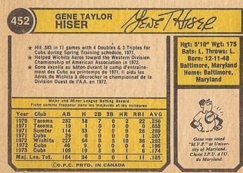 1974 O-Pee-Chee #452 Gene Hiser Back