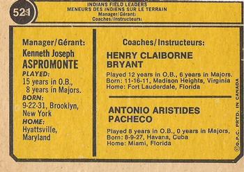1974 O-Pee-Chee #521 Indians Field Leaders (Ken Aspromonte / Clay Bryant / Tony Pacheco) Back