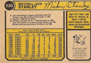 1974 O-Pee-Chee #530 Mickey Stanley Back