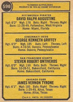 1974 O-Pee-Chee #598 1974 Rookie Outfielders (Dave Augustine / Ken Griffey / Steve Ontiveros / Jim Tyrone) Back