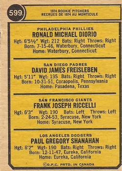 1974 O-Pee-Chee #599 1974 Rookie Pitchers (Ron Diorio / Dave Freisleben / Frank Riccelli / Greg Shanahan) Back