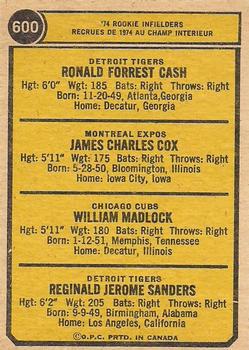 1974 O-Pee-Chee #600 1974 Rookie Infielders (Ron Cash / Jim Cox / Bill Madlock / Reggie Sanders) Back
