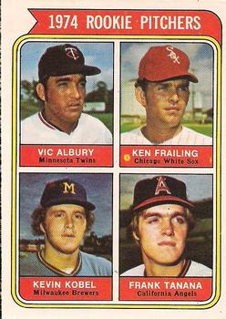 1974 O-Pee-Chee #605 1974 Rookie Pitchers (Vic Albury / Ken Frailing / Kevin Kobel / Frank Tanana) Front