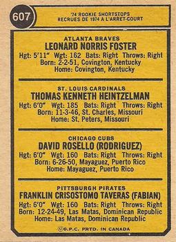 1974 O-Pee-Chee #607 1974 Rookie Shortstops (Leo Foster / Tom Heintzelman / Dave Rosello / Frank Taveras) Back