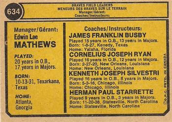 1974 O-Pee-Chee #634 Braves Field Leaders (Eddie Mathews / Herm Starrette / Connie Ryan / Jim Busby / Ken Silvestri) Back